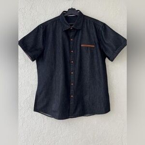 Men's Dark Blue Short Sleeve Shirt with Brown Accents